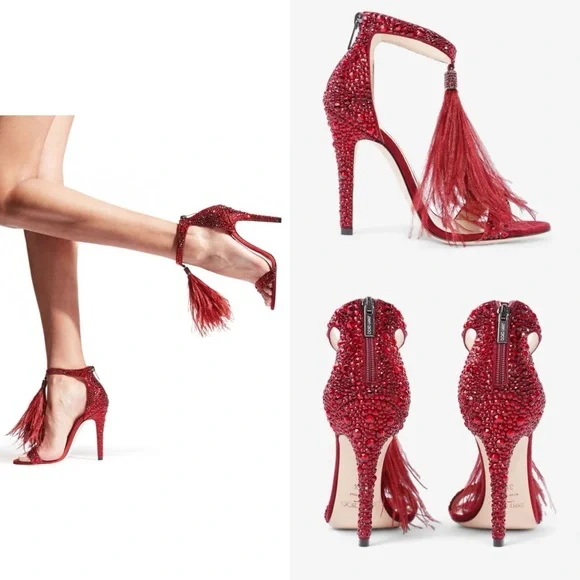 New Jimmy Choo VIOLA 110 Suede Crystal Sandals Red Ostrich Feather Tassel - Picture 1 of 17